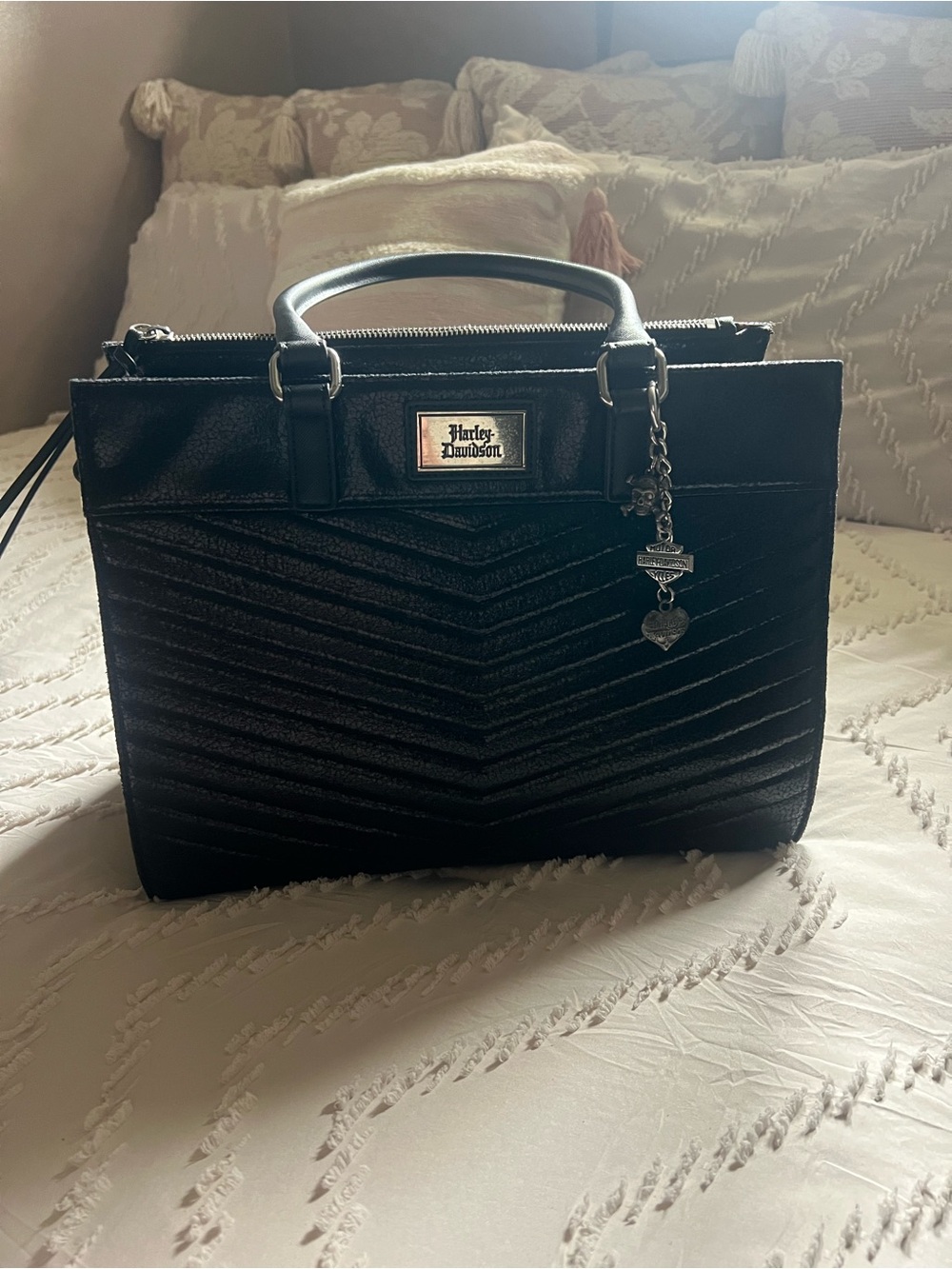 Harley-Davidson Black Quilted Chevron Satchel with Silver Accents